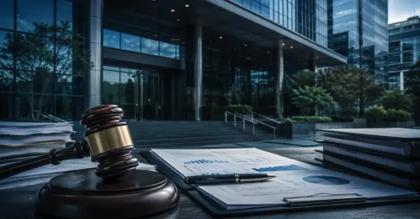 Martelo de juiz e documentos financeiros em frente a um prédio de banco, representando a investigação sobre o caso Banco Master