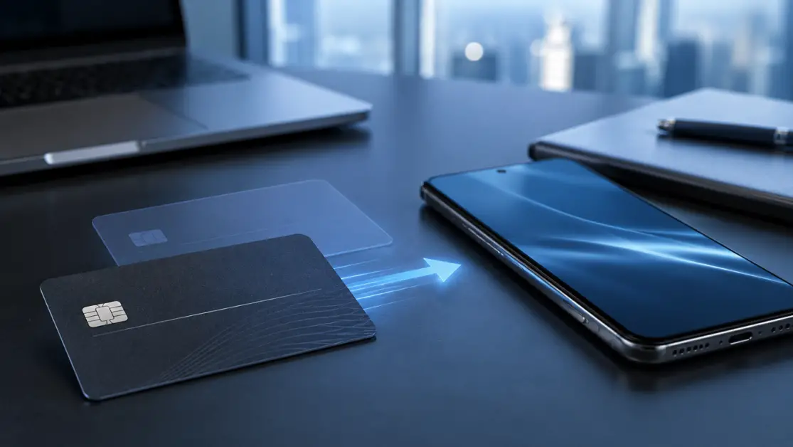 Cartão de crédito e smartphone lado a lado, representando a migração do cartão Samsung Itaucard para o Itaú Platinum