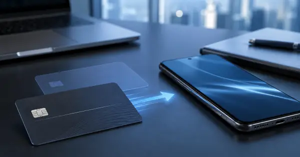 Cartão de crédito e smartphone lado a lado, representando a migração do cartão Samsung Itaucard para o Itaú Platinum