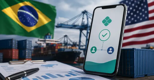 Bandeiras do Brasil e dos Estados Unidos com smartphone mostrando ícone de pagamento, representando a disputa comercial que citou o Pix
