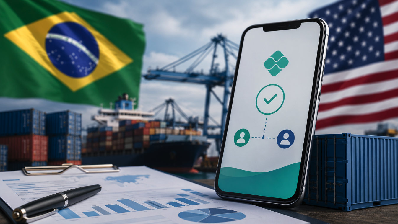 Bandeiras do Brasil e dos Estados Unidos com smartphone mostrando ícone de pagamento, representando a disputa comercial que citou o Pix