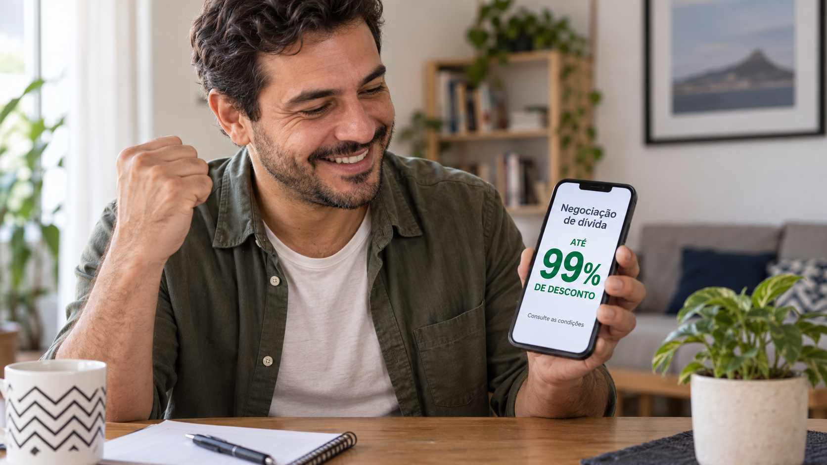Ilustração de homem feliz ao consultar no celular uma negociação de dívida com até 99% de desconto.