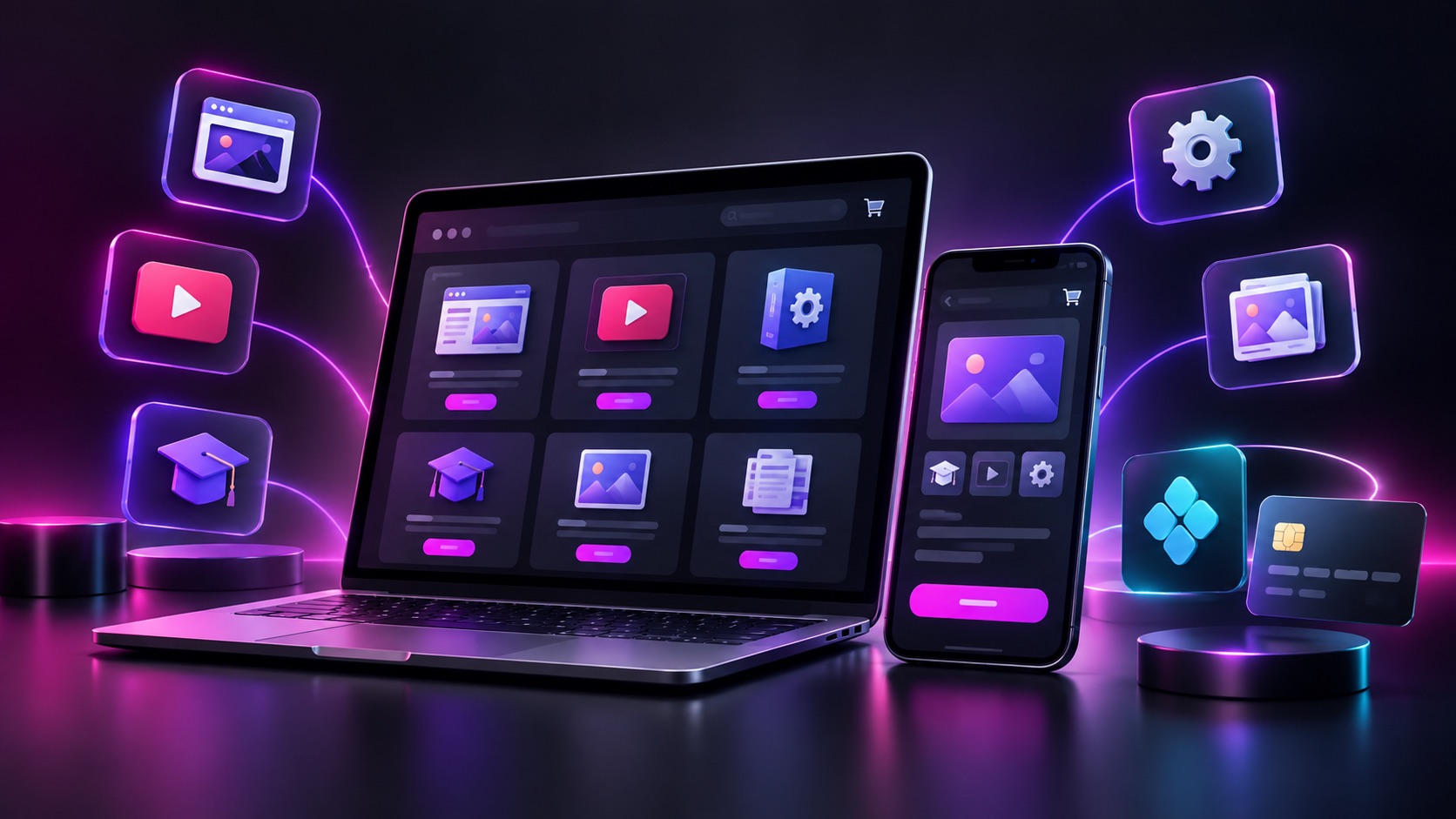 Notebook e celular exibindo um marketplace de ativos digitais com pagamento online